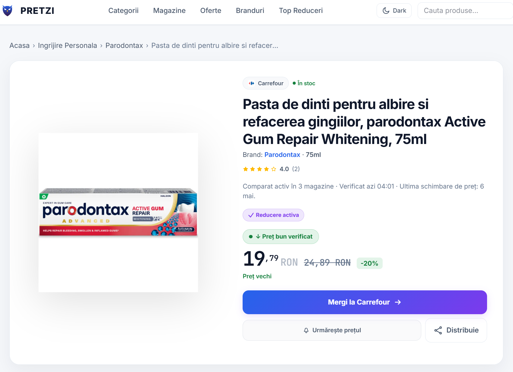 Pretzi product price comparison page with Romanian retailer prices