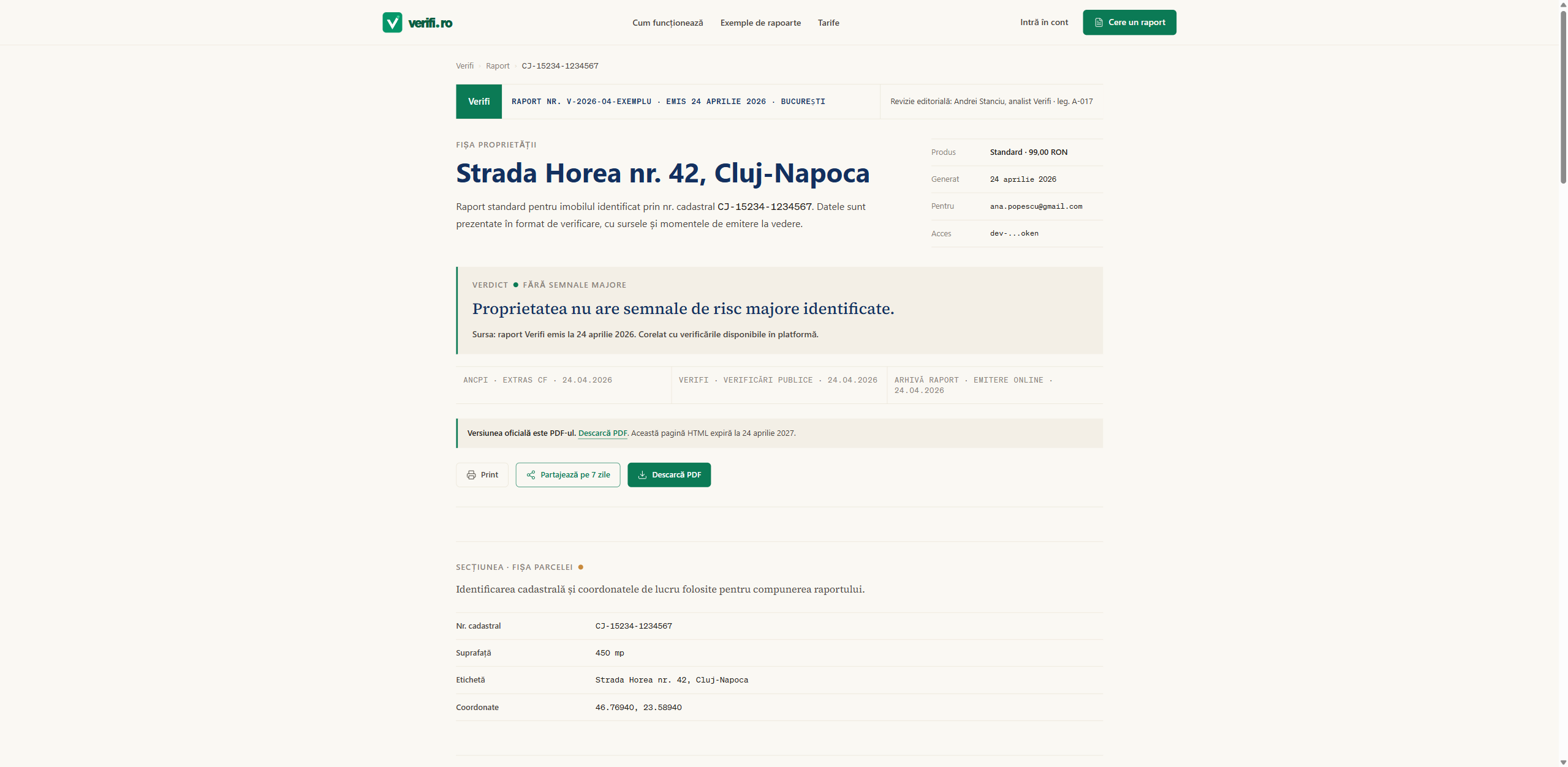 Verifi report page with generated report details