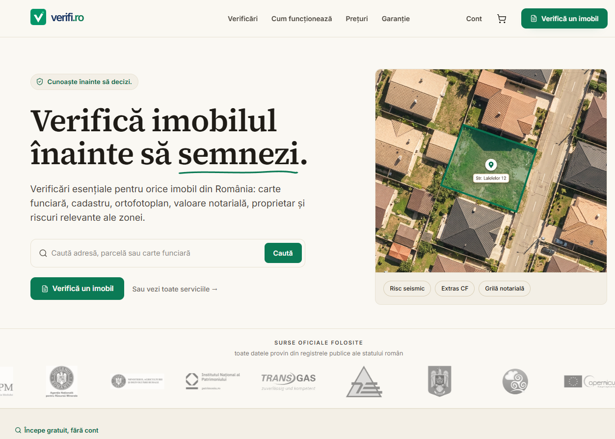 Verifi Romanian landing page for checking a property before signing